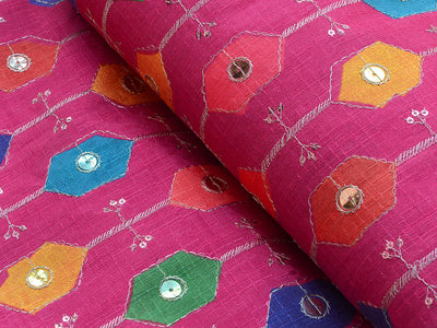 Dark Pink Geometric Sequins Embroidered Mulberry Silk Fabric