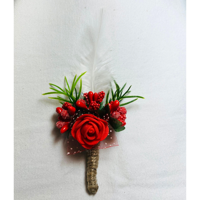 Red & White Faux Feather Flower Brooch