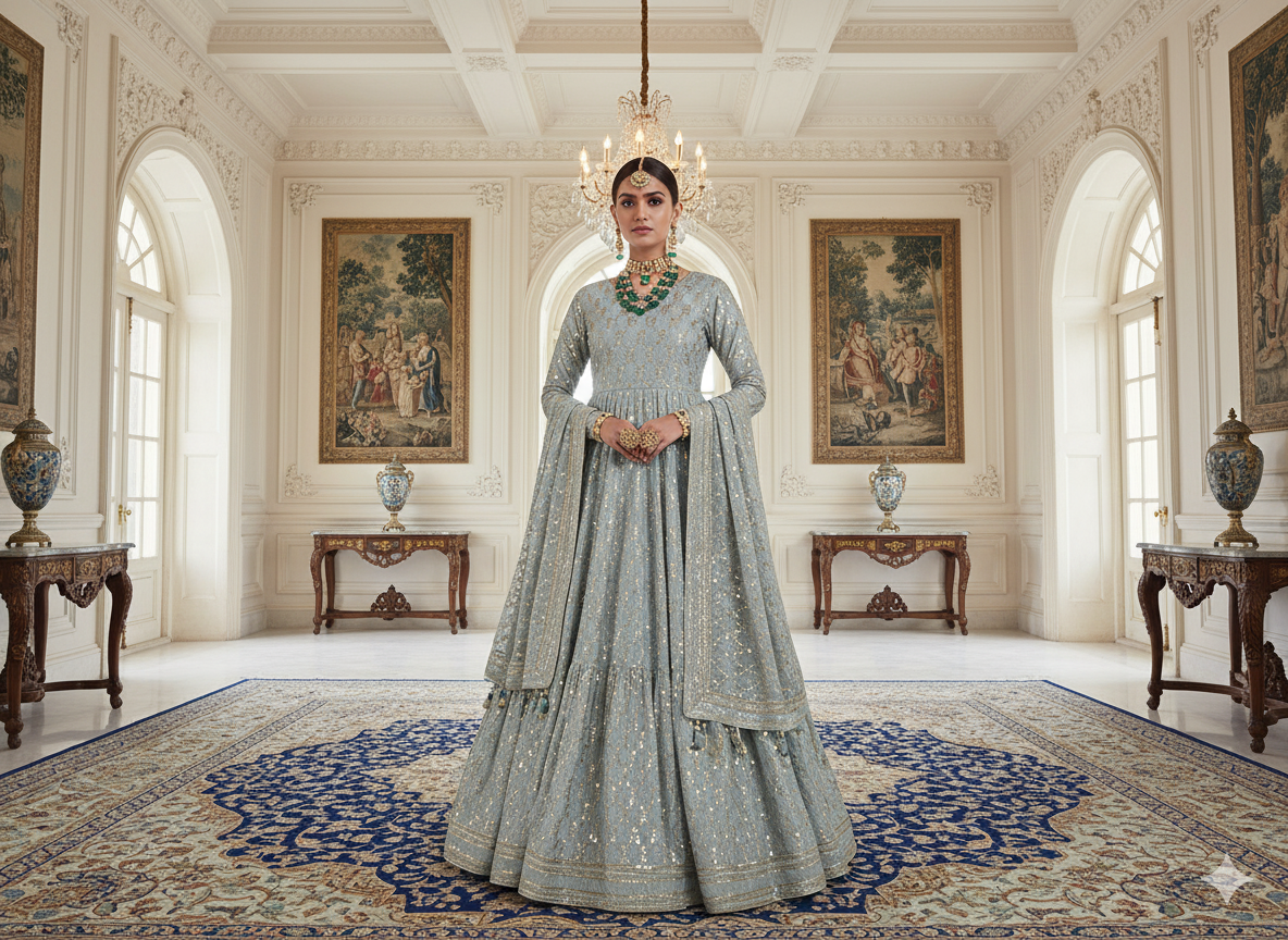 बेबी ब्लू मेटैलिक सेक्विन कढ़ाई मलाई साटन फैब्रिक