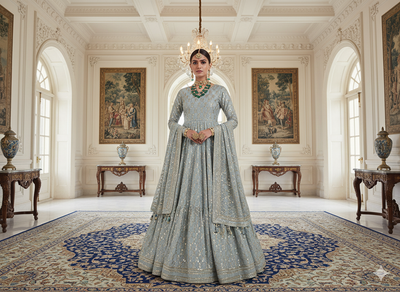 बेबी ब्लू मेटैलिक सेक्विन कढ़ाई मलाई साटन फैब्रिक