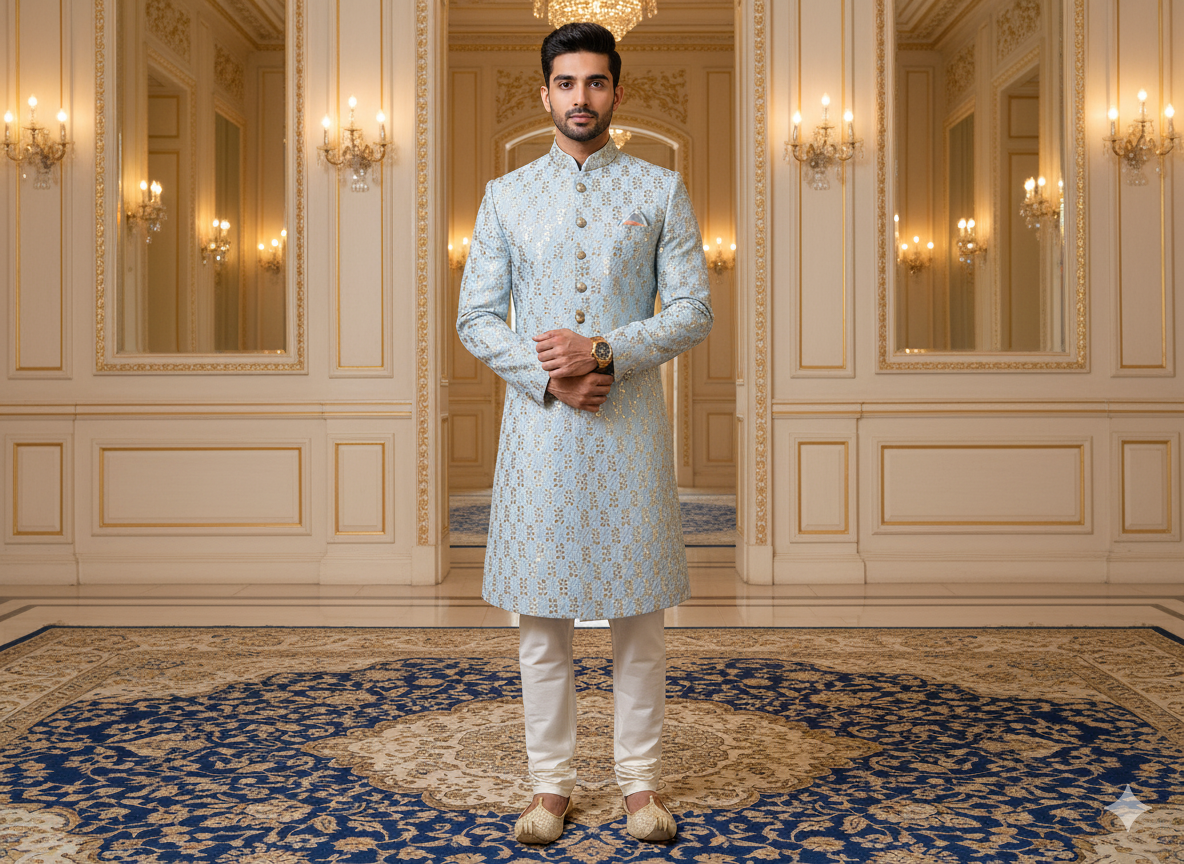 बेबी ब्लू मेटैलिक सेक्विन कढ़ाई मलाई साटन फैब्रिक