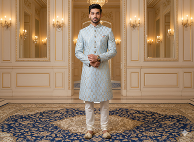 बेबी ब्लू मेटैलिक सेक्विन कढ़ाई मलाई साटन फैब्रिक