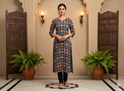 Navy Blue Diamond Digitally Printed Butter Crepe Fabric