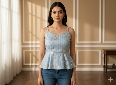 बेबी ब्लू मेटैलिक सेक्विन कढ़ाई मलाई साटन फैब्रिक