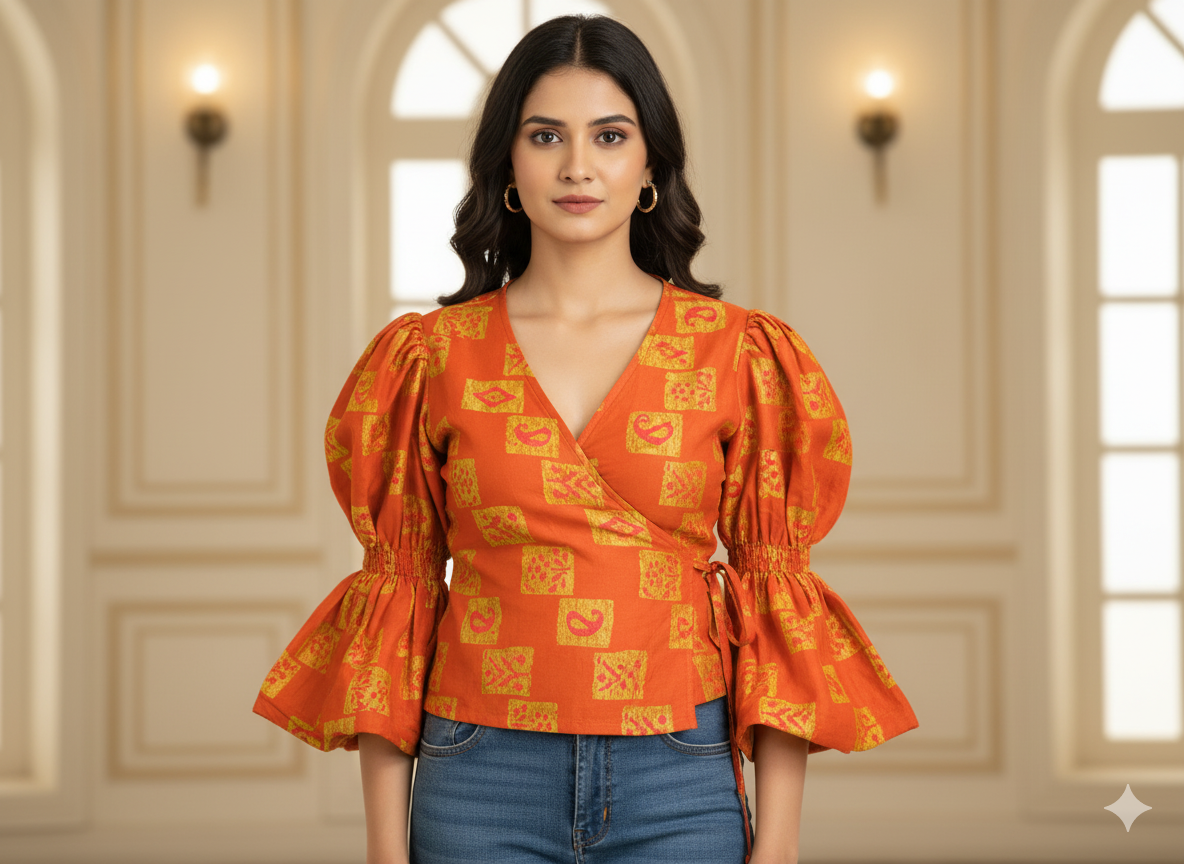 Orange Traditional Printed Semi Pashimna Woolen Fabric