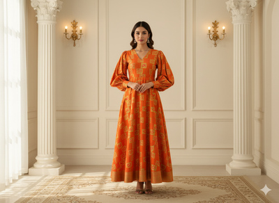 Orange Traditional Printed Semi Pashimna Woolen Fabric