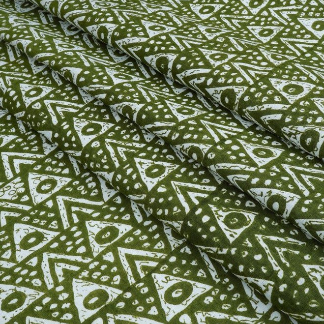 Olive & White Geometric Printed Pure Cotton Fabric