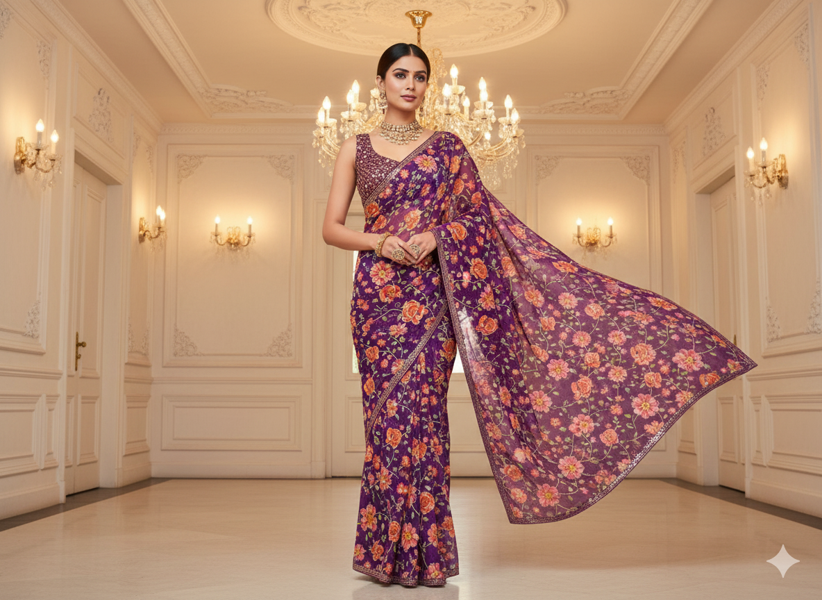 Purple Natural Crepe With Zari Embroidered Fabric
