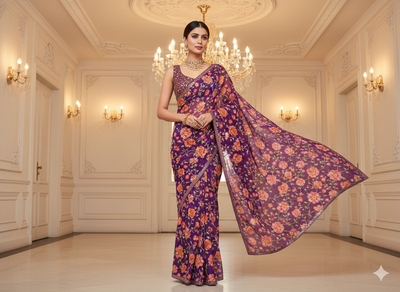 Purple Natural Crepe With Zari Embroidered Fabric