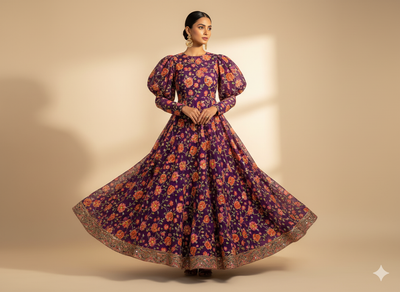 Purple Natural Crepe With Zari Embroidered Fabric