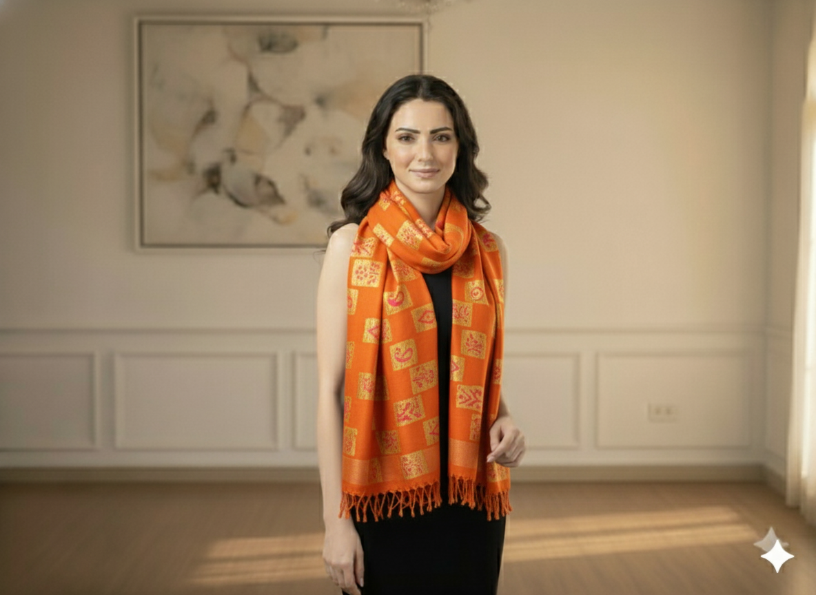 Orange Traditional Printed Semi Pashimna Woolen Fabric