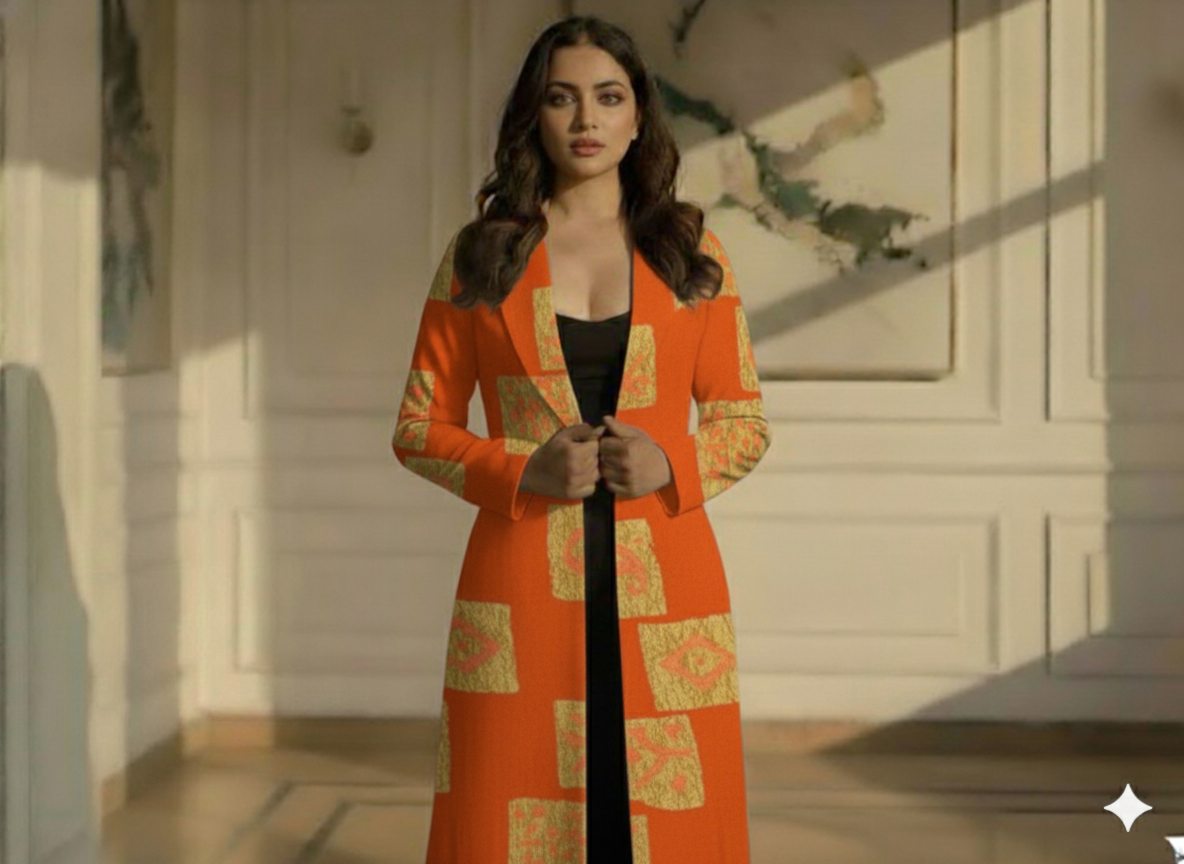 Orange Traditional Printed Semi Pashimna Woolen Fabric