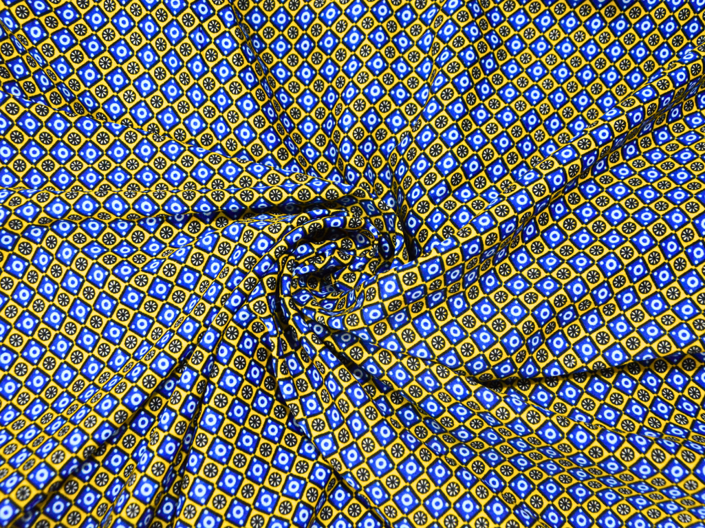 Yellow & Blue Burgundy Diamond Digitally Printed Butter Crepe Fabric