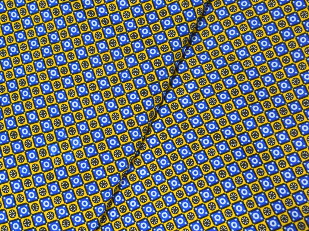 Yellow & Blue Burgundy Diamond Digitally Printed Butter Crepe Fabric