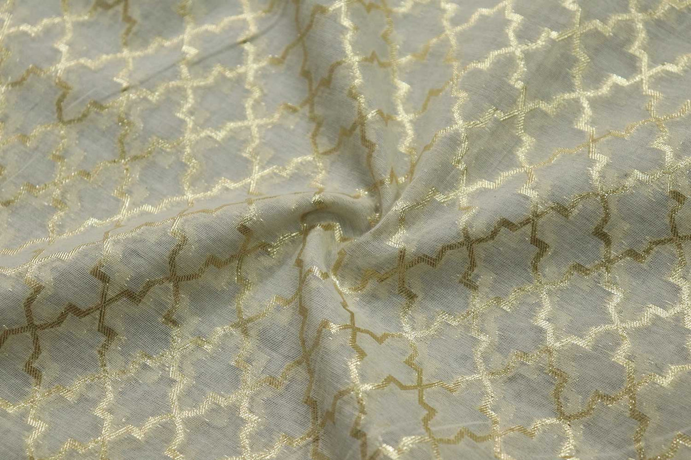 Precut Of 3 Meter of Cream & Golden Traditional Chanderi Jacquard Cotton Polyester Blend Fabric