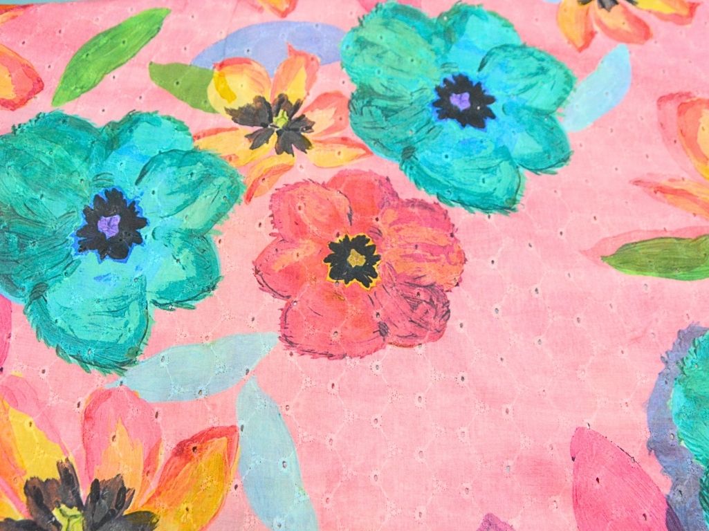Blush Pink 100 % Pure Cotton Chikan Embroidered Fabric