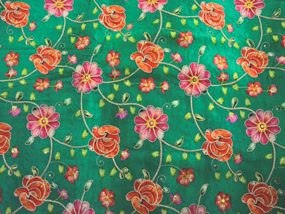 Light Green Natural Crepe With Zari Embroidered Fabric