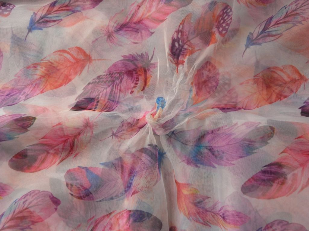 White Leaf Digital Printed Liquid Organza Fabric