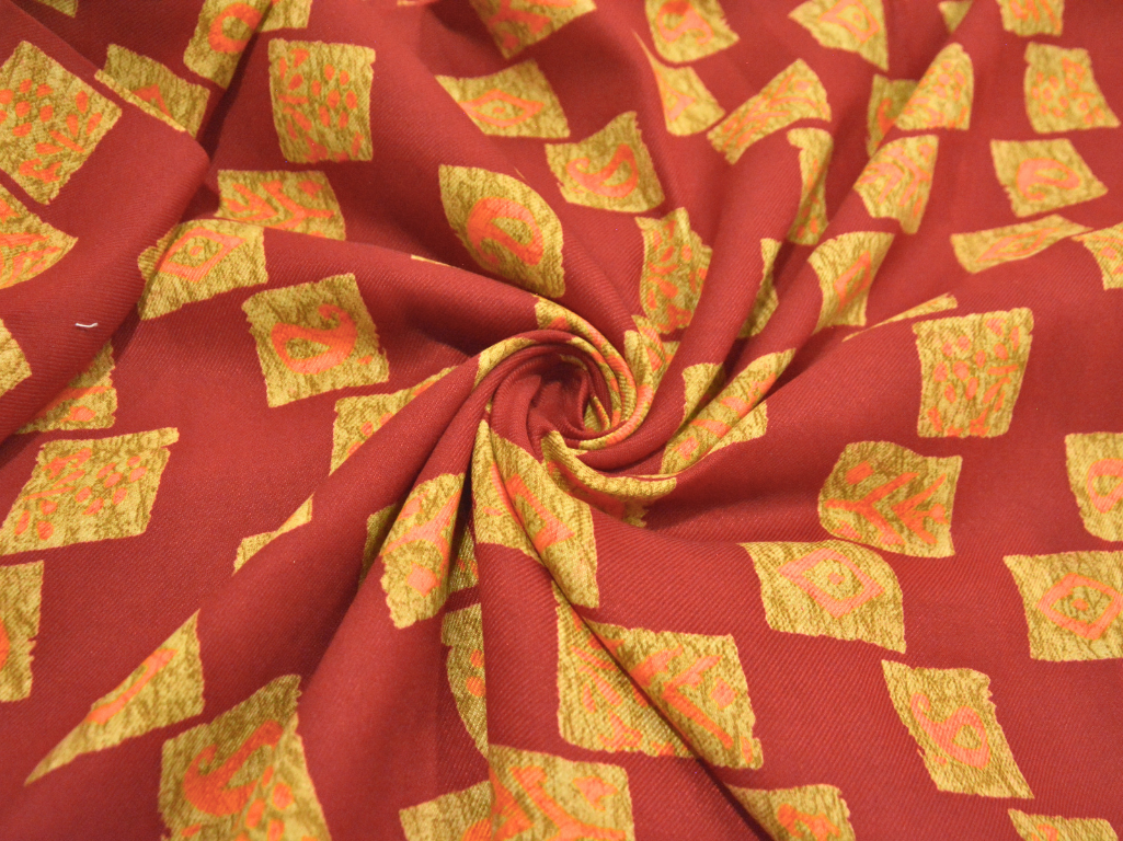 Red Traditional Printed Semi Pashimna Woolen Fabric