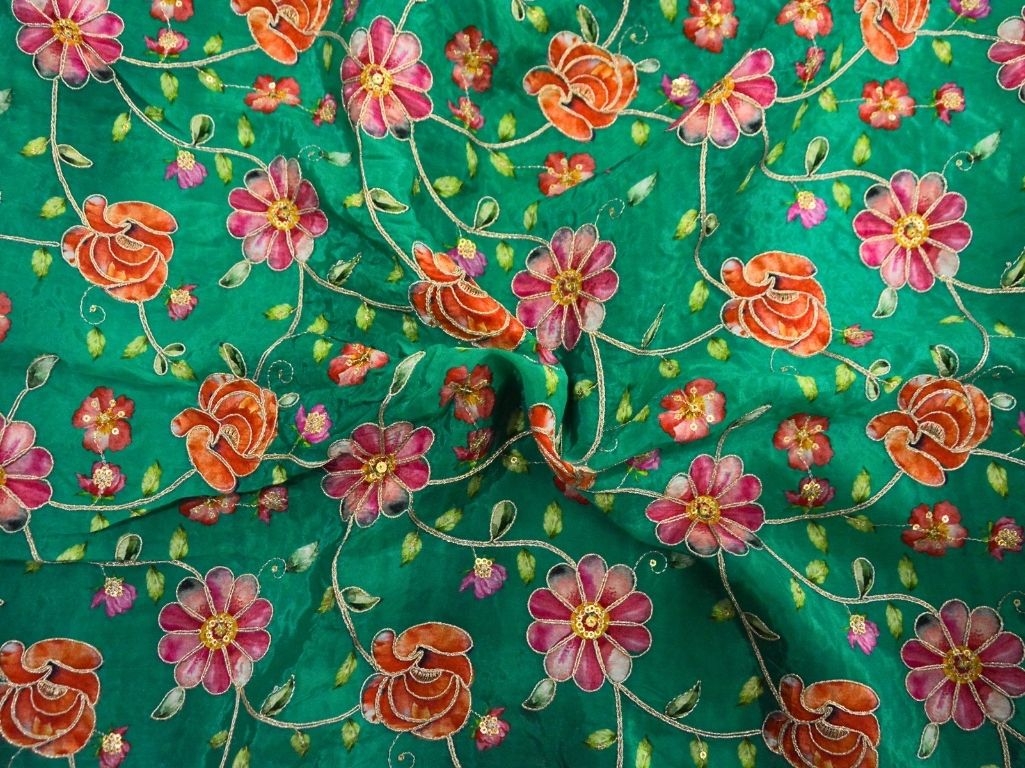 Light Green Natural Crepe With Zari Embroidered Fabric