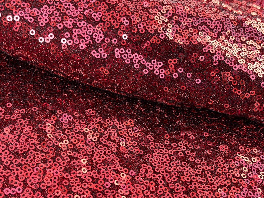 Blood Red Plain Sequins Embroidered Net Fabric