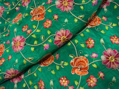Light Green Natural Crepe With Zari Embroidered Fabric
