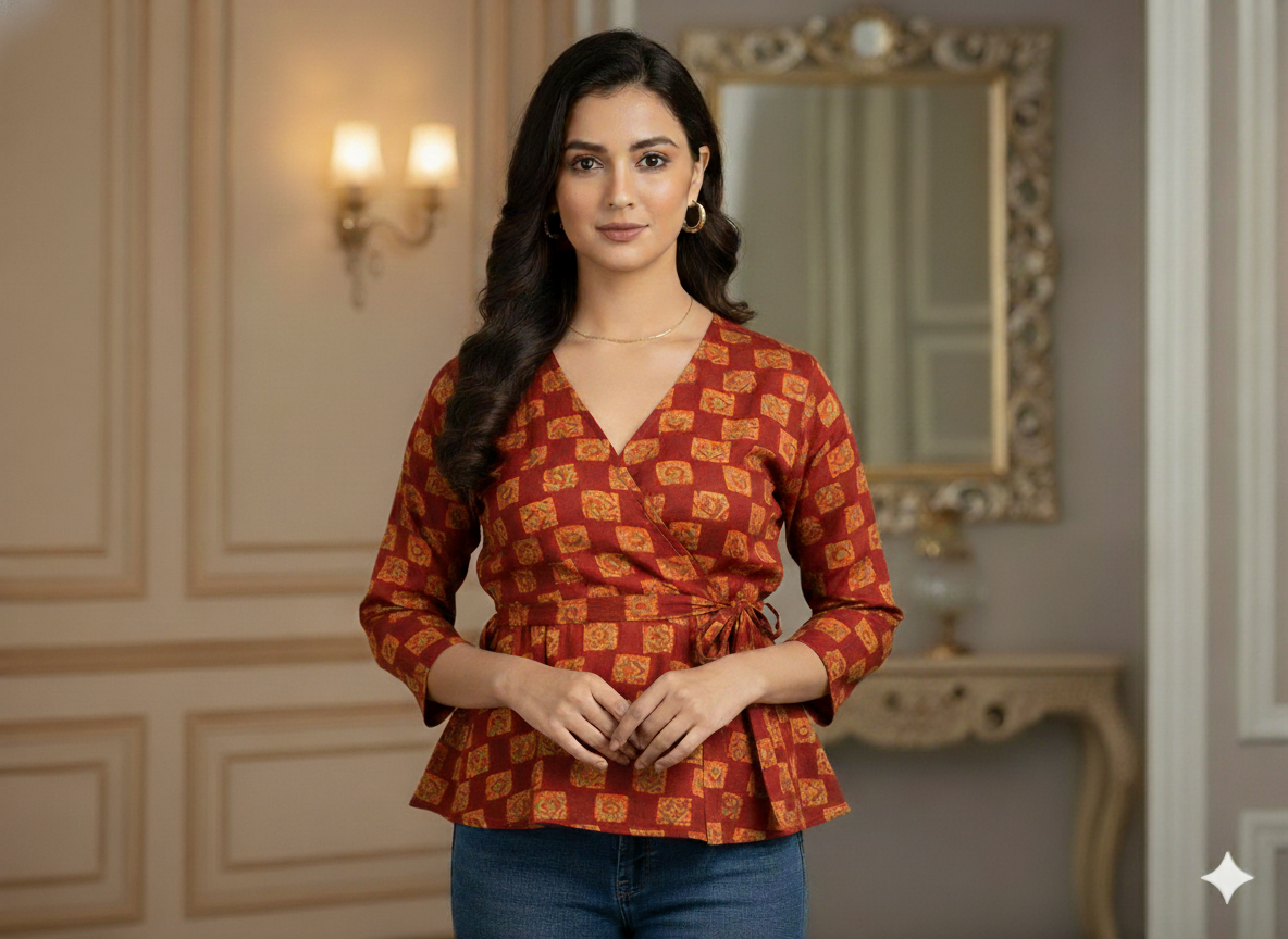 Red Traditional Printed Semi Pashimna Woolen Fabric