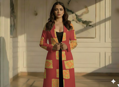 Red Traditional Printed Semi Pashimna Woolen Fabric