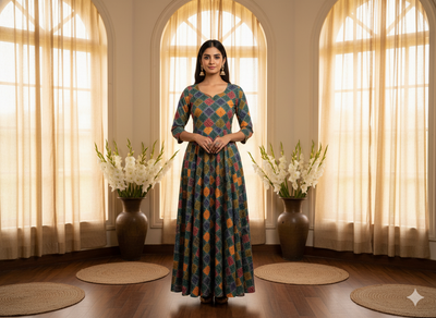 Dark Green Diamond Digitally Printed Butter Crepe Fabric