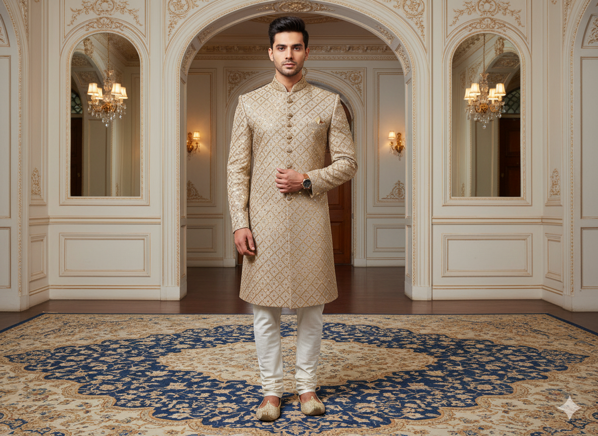 हल्के सुनहरे धातुई सेक्विन कढ़ाई मलाई साटन कपड़ा