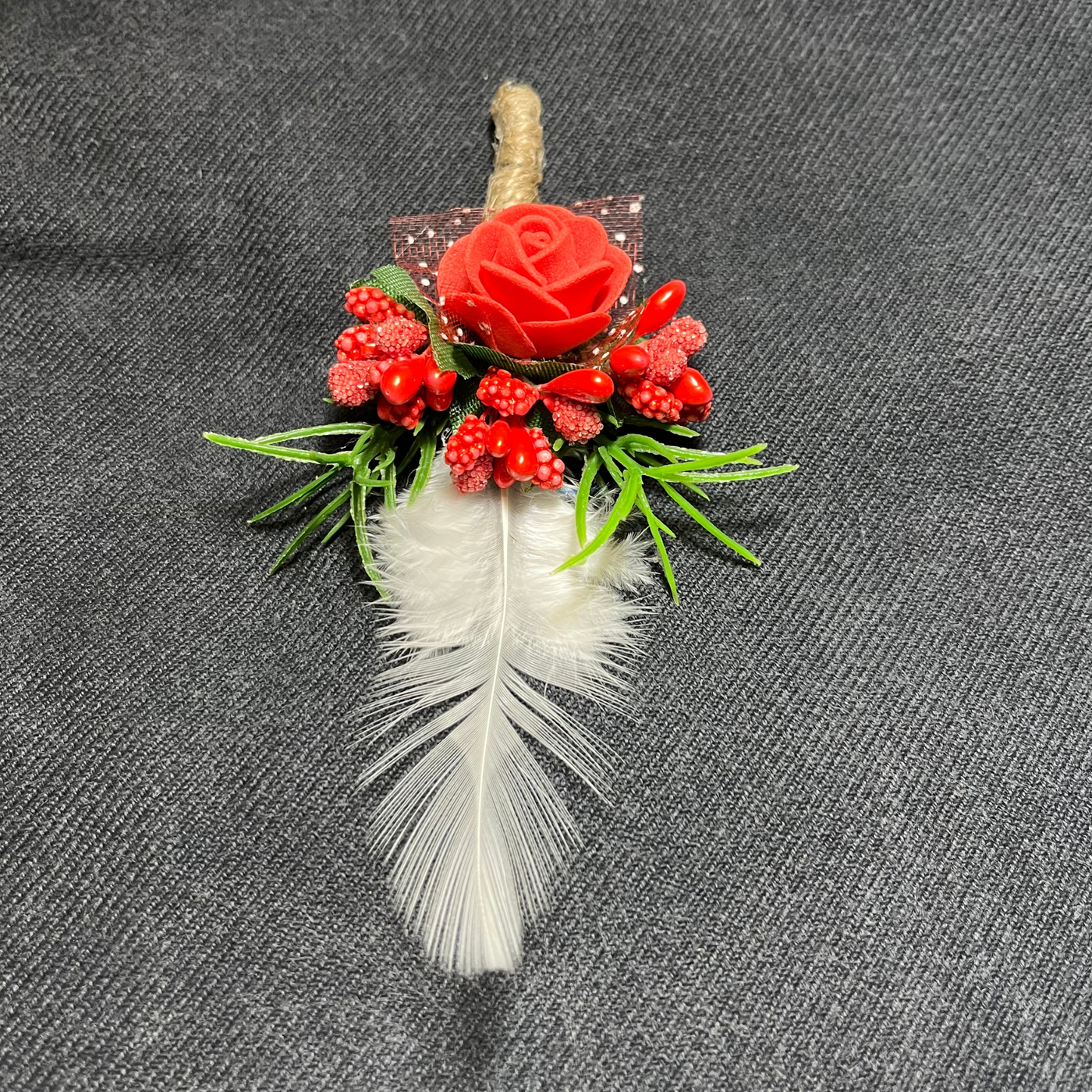 Red & White Faux Feather Flower Brooch