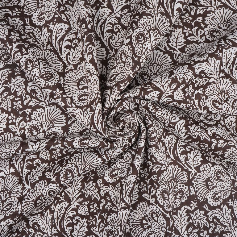 Dark Brown & White Floral Printed Pure Cotton Fabric