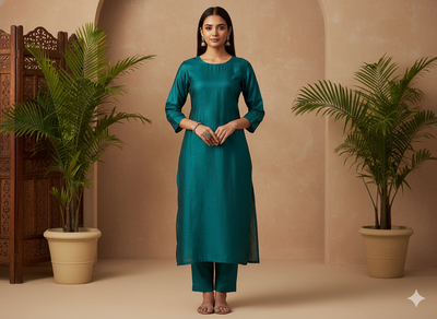 Deep Teal Plain Bangalore Raw Silk Fabric  (Wholesale)