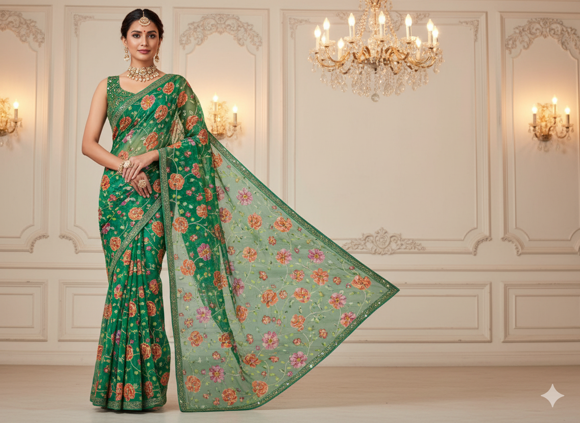 Light Green Natural Crepe With Zari Embroidered Fabric
