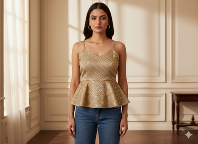 हल्के सुनहरे धातुई सेक्विन कढ़ाई मलाई साटन कपड़ा