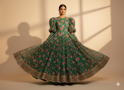 Light Green Natural Crepe With Zari Embroidered Fabric
