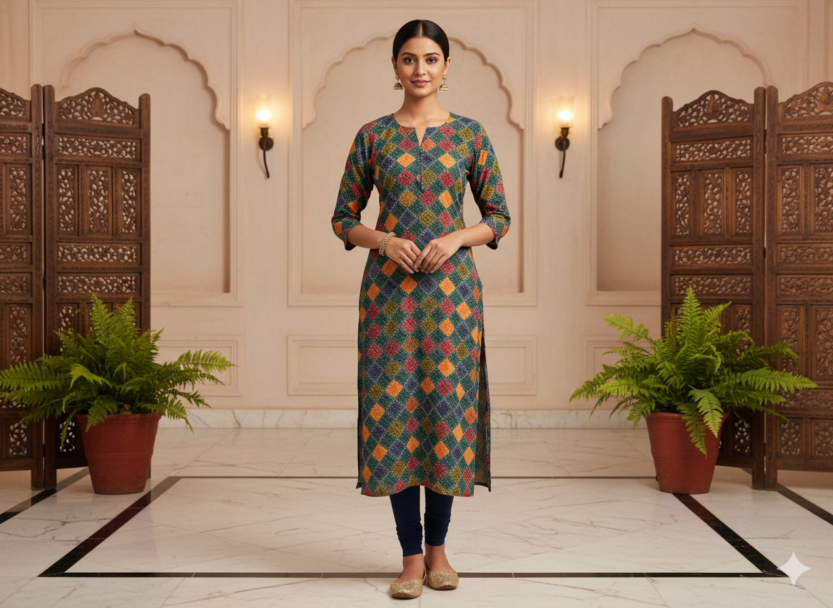 Dark Green Diamond Digitally Printed Butter Crepe Fabric