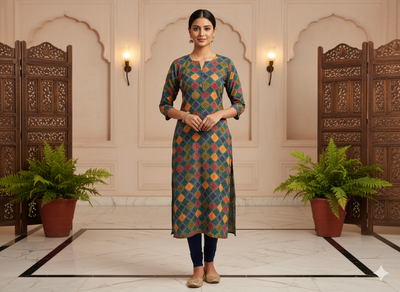 Dark Green Diamond Digitally Printed Butter Crepe Fabric