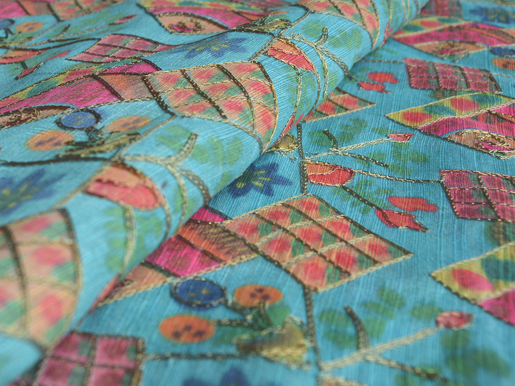 Turquoise Blue Traditional Digital Print Heavy Zari Embroidered Mulberry Silk Fabric