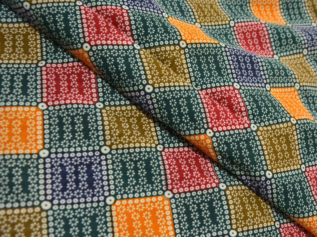 Dark Green Diamond Digitally Printed Butter Crepe Fabric