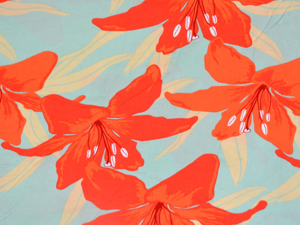 Bright Orange & Light Blue Floral Printed Cotton Rayon Fabric