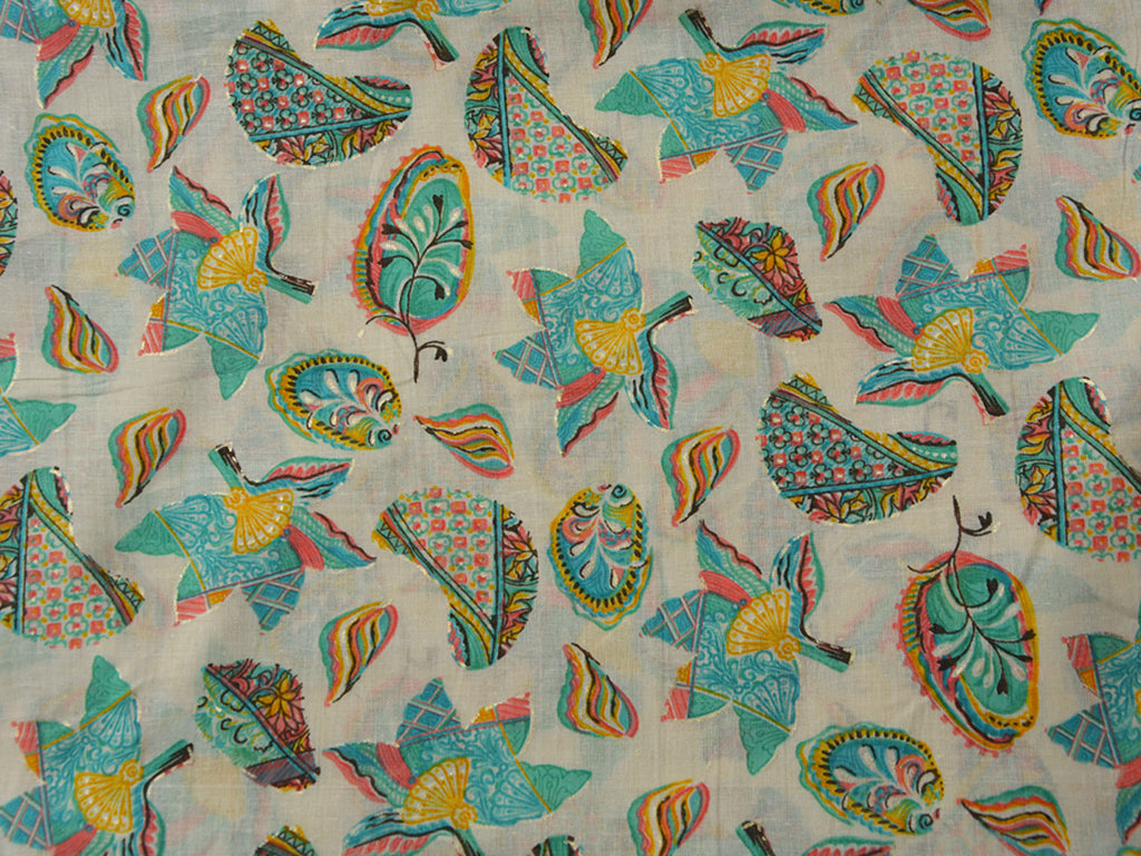 Cream & Sea Green Quirky Pure Mul Mul Cotton Fabric