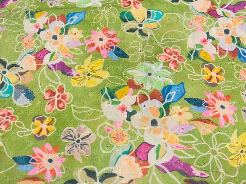 Light Green 100 % Pure Cotton Chikan Embroidered Fabric
