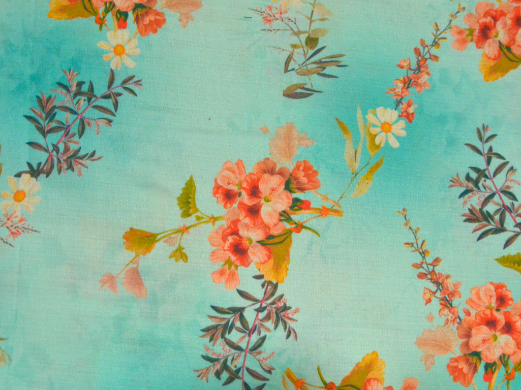 Sky Blue Floral Printed Semi Pashimna Woolen Fabric