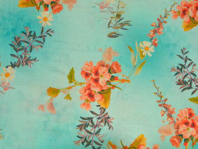 Sky Blue Floral Printed Semi Pashimna Woolen Fabric