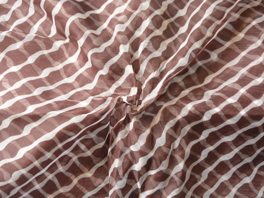 Chocolate Brown Strips Digital Printed Liquid Organza Fabric