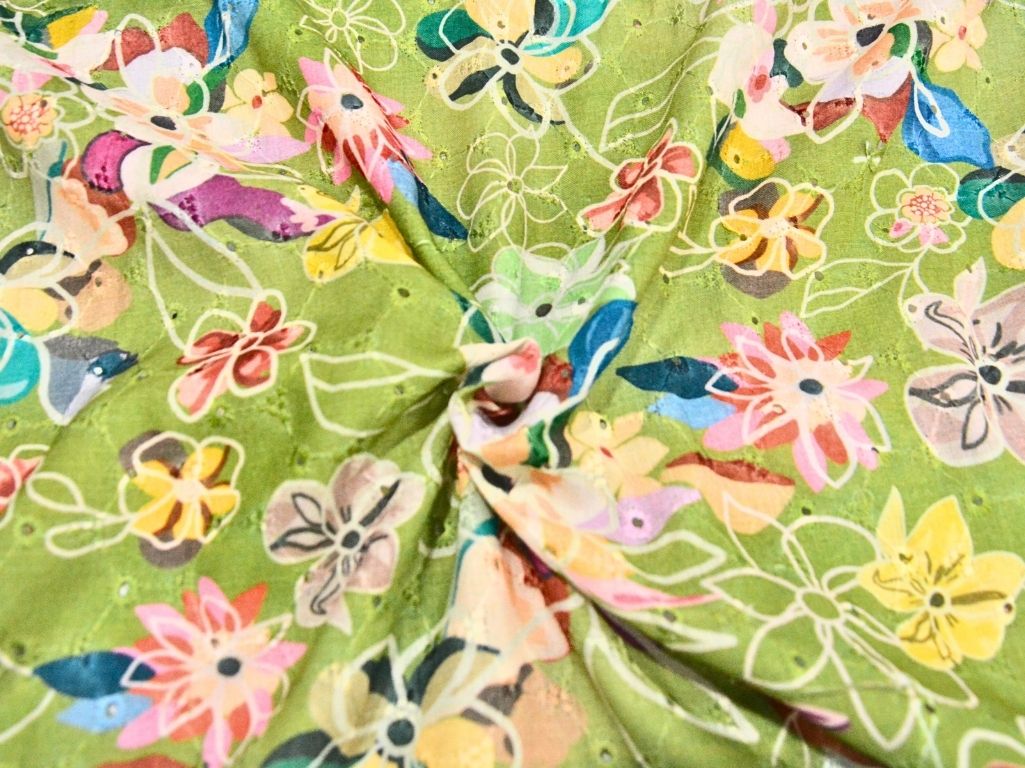 Light Green 100 % Pure Cotton Chikan Embroidered Fabric