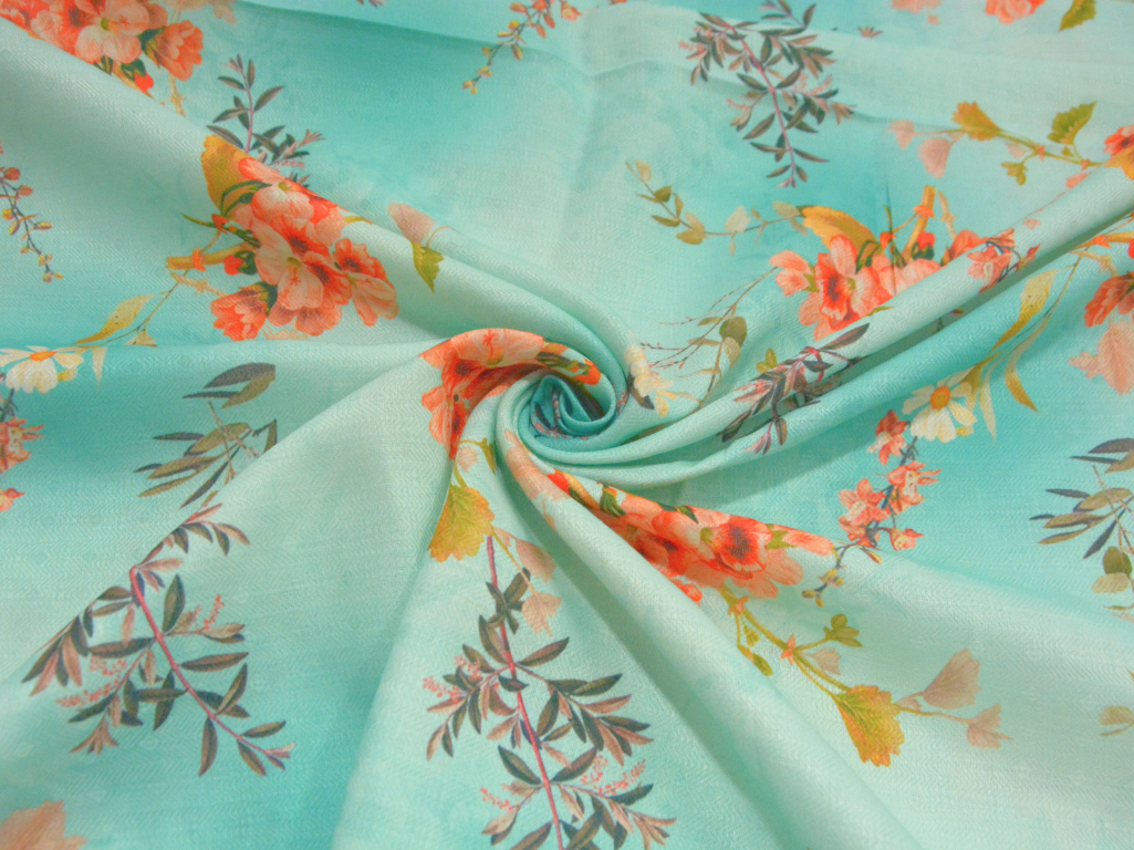 Sky Blue Floral Printed Semi Pashimna Woolen Fabric