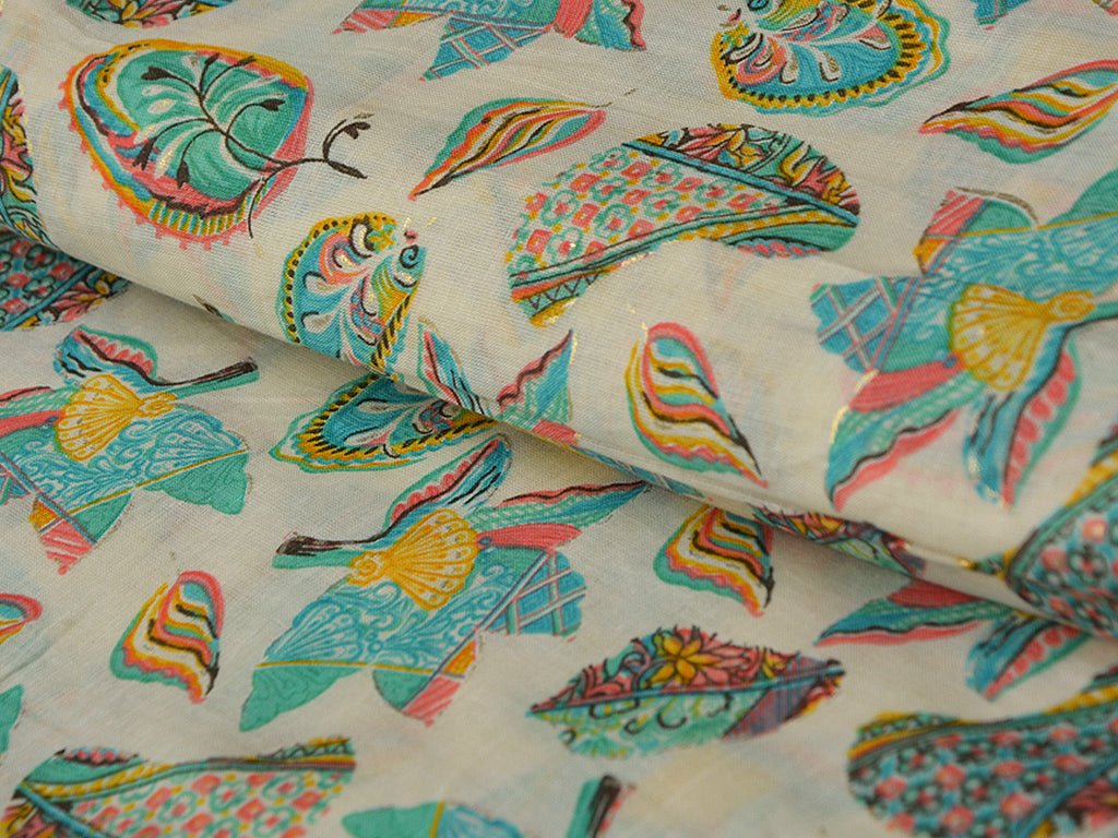 Cream & Sea Green Quirky Pure Mul Mul Cotton Fabric