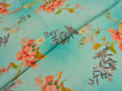 Sky Blue Floral Printed Semi Pashimna Woolen Fabric